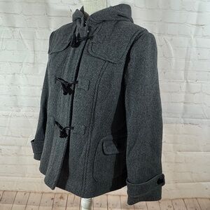 Talbots Wool Pea Coat Charcoal Gray Hooded Toggle Sailor Pockets Jacket L 10 P